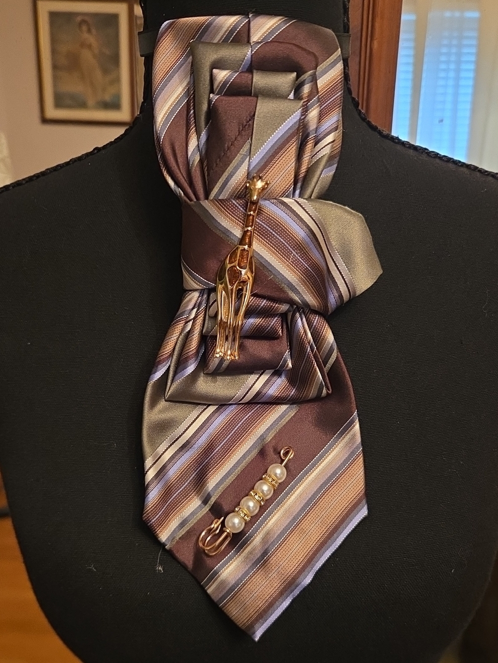 Striped Brown & Gray Men's Necktie with Gold Giraffe Tie Pin